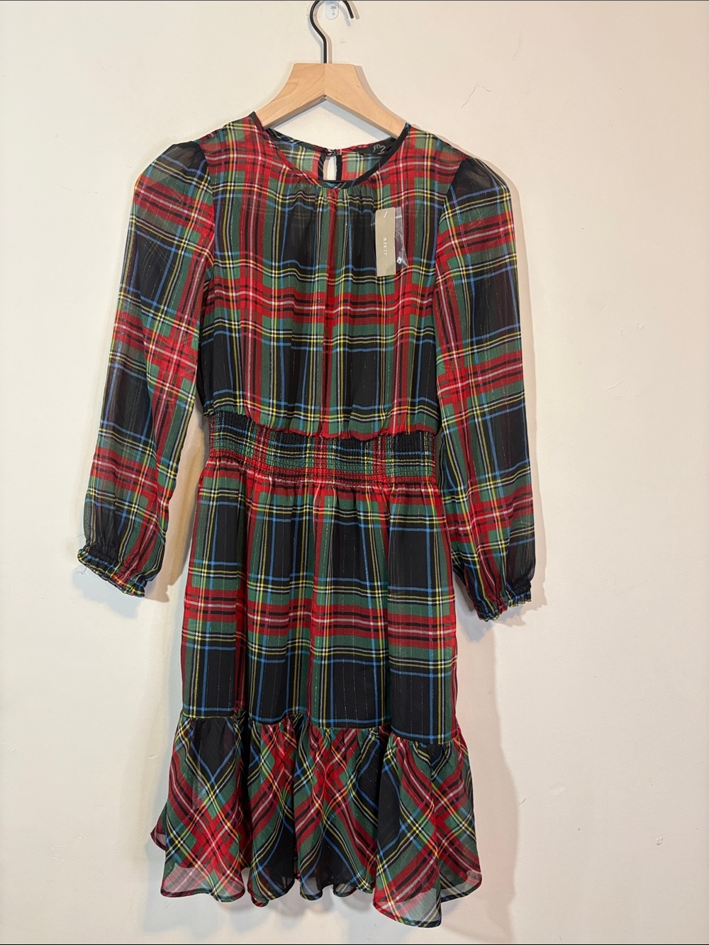J.Crew Holiday Cinched-Waist Stewart Tartan Plaid Metallic Sheer Smocked Ruffle